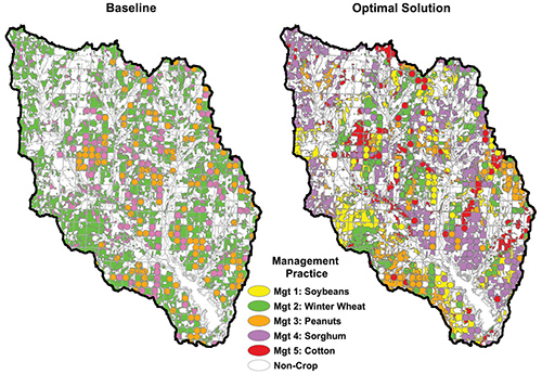 Two maps showing baseline and otpimal solutions