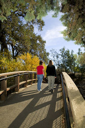 Two women walk across a footbridge. Link to photo information