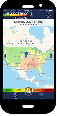 Smartphone displaying Heat Stress app.